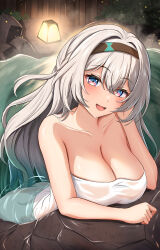 Rule 34 | 1girl, :d, absurdres, bare arms, bare shoulders, black hairband, breasts, cleavage, commentary request, firefly (honkai: star rail), grey hair, hairband, head tilt, highres, honkai: star rail, honkai (series), large breasts, long hair, looking at viewer, naked towel, onsen, open mouth, purple eyes, shouhaku0512, smile, solo, towel, very long hair, water