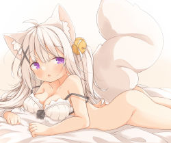 Rule 34 | 1girl, ahoge, animal ear fluff, animal ears, ass, bad id, bad pixiv id, bell, bottomless, bra, breasts, fang, fox ears, fox girl, fox tail, hair ornament, highres, jingle bell, long hair, looking at viewer, lying, medium breasts, minato yu (0514), on stomach, open mouth, original, purple eyes, skin fang, solo, strap slip, tail, underwear, white bra, white hair, x hair ornament