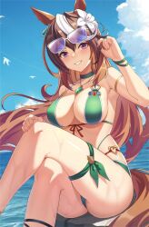 Rule 34 | 1girl, alternate costume, animal ears, armlet, bikini, blue sky, bracelet, breasts, brown hair, choker, cleavage, cloud, cloudy sky, commentary request, crossed legs, earrings, eyewear on head, flower, front-tie bikini top, front-tie top, green bikini, green choker, grin, hair between eyes, hair flower, hair ornament, hand on own knee, hibiscus, horse ears, horse girl, horse tail, jewelry, large breasts, long hair, looking at viewer, multicolored hair, nail polish, necklace, o-ring, o-ring bikini, o-ring top, outdoors, purple eyes, single earring, sky, smile, solo, streaked hair, sunglasses, swimsuit, symboli rudolf (umamusume), tail, thigh strap, umamusume, very long hair, vococo, white hair