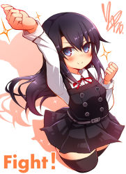 Rule 34 | &gt;:), 10s, 1girl, arm up, asashio (kancolle), belt, belt buckle, black hair, black skirt, black thighhighs, black vest, blue eyes, blush, buckle, buttons, clenched hands, closed mouth, collared shirt, cropped legs, double-breasted, dress, english text, eyebrows, from above, highres, kantai collection, long hair, long sleeves, looking at viewer, looking up, neck ribbon, pinafore dress, pleated dress, pleated skirt, raised fist, red ribbon, ribbon, richou (zerozero1101), shirt, signature, silhouette, skirt, sleeveless, sleeveless dress, smile, solo, sparkle, standing, text focus, thighhighs, v-shaped eyebrows, very long hair, vest, white shirt, wing collar, zettai ryouiki