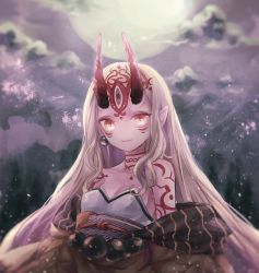 Rule 34 | 1girl, blonde hair, cloud, earrings, fate/grand order, fate (series), female focus, full moon, highres, hkskk17, horns, ibaraki douji (fate), japanese clothes, jewelry, kimono, long hair, looking at viewer, moon, night, night sky, off shoulder, oni, oni horns, pointy ears, short kimono, sky, smile, solo, yellow eyes, yellow kimono