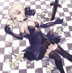 Rule 34 | 1girl, absurdres, artoria pendragon (all), artoria pendragon (fate), bad id, bad pixiv id, black bow, black gloves, black skirt, black thighhighs, bow, braid, braided bun, breasts, checkered floor, choker, cleavage, collarbone, elbow gloves, fate/stay night, fate (series), formal, gloves, hair between eyes, hair bow, hair bun, hair intakes, highres, lying, miniskirt, on back, parted lips, pleated skirt, saber alter, sarablanche, shiny clothes, short hair, silver hair, skirt, skirt suit, sleeveless, small breasts, solo, suit, thighhighs, yellow eyes, zettai ryouiki