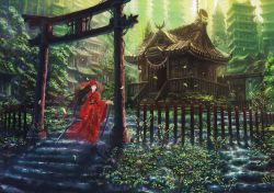 Rule 34 | 1girl, absurdres, architecture, brown hair, building, denki, dual wielding, east asian architecture, forest, highres, holding, japanese clothes, katana, leaf, long hair, mask, nature, obi, original, pagoda, petals, rope, sash, scabbard, scan, scenery, sheath, shide, shimenawa, shrine, solo, stairs, sword, torii, tree, weapon, wind