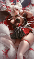 Rule 34 | 1girl, aleriia v, animal ear fluff, animal ears, artist name, breasts, commentary, detached sleeves, english commentary, facial mark, fox ears, fox tail, highres, large breasts, lips, long hair, looking at viewer, multiple tails, original, parted lips, patreon username, red eyes, signature, solo, tail, thighhighs, two-tone dress, watermark, web address, white hair, white thighhighs