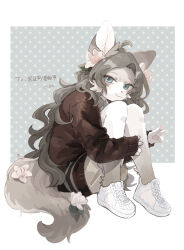 Rule 34 | 1girl, :3, ahoge, animal ears, blue background, blue eyes, body fur, border, brown fur, brown hair, brown sweater, commission, dog ears, dog girl, dog tail, fewer digits, flower, from side, furry, furry female, gomafuto, hair flower, hair ornament, highres, hugging own legs, knees up, long hair, long sleeves, original, outside border, pawpads, pink flower, shoes, simple background, sitting, skeb commission, sleeves past wrists, smile, sneakers, solo, sweater, tail, tail flower, tail ornament, v, wavy hair, white border, white footwear