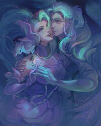 Rule 34 | 1boy, 1girl, absurdres, aqua hair, bird, cape, closed mouth, crystal rose swain, crystal rose zyra, dress, gloves, highres, holding hands, hug, league of legends, long hair, open mouth, ponytail, schneller tod, smile, spikes, swain (league of legends), teeth, upper teeth only, white dress, zyra