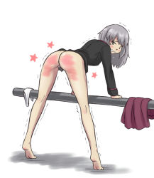 Rule 34 | 1girl, anus, arm support, ass, barefoot, bent over, blush, bottomless, censored, clenched teeth, closed mouth, eyebrows, feet, female focus, female pubic hair, from behind, girls und panzer, gluteal fold, itsumi erika, looking at viewer, looking back, medium hair, mosaic censoring, panties, unworn panties, pubic hair, pussy, scowl, silver hair, simple background, skirt, unworn skirt, soles, solo, spanked, spanking, spread legs, standing, tagme, tears, teeth, tiptoes, trembling, underwear, wavy mouth, white background, zekel