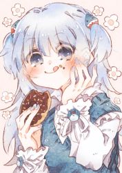 Rule 34 | 1girl, alternate costume, bad id, bad twitter id, blue eyes, blue hair, blue nails, crumbs, dokkun0818, doughnut, flower, food, gawr gura, hand on own cheek, hand on own face, holding, holding food, hololive, hololive english, licking lips, looking down, medium hair, multicolored hair, nail polish, silver hair, solo, streaked hair, tongue, tongue out, two side up, virtual youtuber