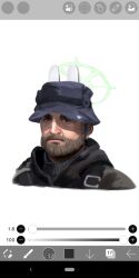 Rule 34 | 1boy, animal ears, ansr (stigro), art program in frame, beard, blue archive, blue hat, bucket hat, call of duty, captain price, facial hair, fake animal ears, green halo, halo, hat, highres, looking at viewer, male focus, portrait, rabbit ears, saki (blue archive), solo
