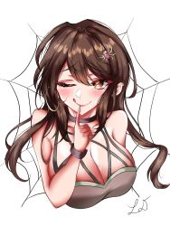 Rule 34 | 1girl, absurdres, black choker, blush, breasts, brown eyes, choker, cleavage, collarbone, hair behind ear, highres, indie virtual youtuber, large breasts, leon decarabia, licking lips, long hair, mina aoyama, one eye closed, portrait, silk, solo, spider hair ornament, spider web, tongue, tongue out, virtual youtuber, white background
