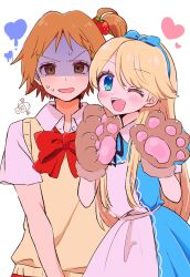 Rule 34 | 2boys, animal hands, blonde hair, blue eyes, bow, bowtie, brown hair, collared shirt, crossdressing, dress, food-themed hair ornament, gloves, hair ornament, hairband, hanamura yousuke, heart, highres, kuma (persona 4), looking at viewer, multiple boys, one eye closed, one side up, open mouth, paw gloves, persona, persona 4, shaded face, shirt, short sleeves, signature, simple background, strawberry hair ornament, sweat, sweater vest, trap, w6wa4, white background, yellow sweater vest