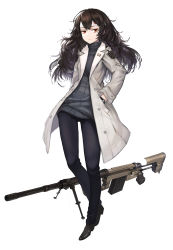 Rule 34 | 1girl, absurdres, bandages, black hair, bolt action, cheytac m200, closed mouth, full body, gloves, gun, hands in pockets, highres, long coat, long hair, looking at viewer, original, pants, qbase, red eyes, ribbed sweater, rifle, sniper rifle, solo, standing, sweater, turtleneck, turtleneck sweater, weapon, white background