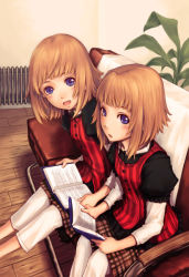 Rule 34 | 2girls, :o, blue eyes, book, brown hair, chair, couch, face, from above, heater, looking up, multiple girls, open book, open mouth, plaid, plaid skirt, plant, reading, short hair, siblings, sisters, sitting, skirt, striped, tokunou shoutarou, twins, vertical stripes
