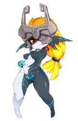 Rule 34 | 1girl, bad id, bad twitter id, barefoot, blonde hair, breasts, cleft of venus, closed mouth, colored sclera, colored skin, commentary, fang, fat mons, full body, gluteal fold, gradient hair, hair ornament, helmet, highres, legs apart, long hair, medium breasts, midna, multicolored hair, multicolored skin, navel, nintendo, nipples, nude, orange hair, pointy ears, ponytail, pussy, red eyes, school swimsuit, shiny skin, simple background, slugbox, small breasts, solo, standing, stomach, swimsuit, the legend of zelda, the legend of zelda: twilight princess, thigh gap, two-tone skin, uncensored, white background, yellow sclera
