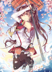 Rule 34 | 10s, 1girl, arms up, black thighhighs, blue sky, brown eyes, brown hair, cherry blossoms, cloud, detached sleeves, flower, hair flower, hair ornament, highres, kantai collection, long hair, long sleeves, looking at viewer, neckerchief, petals, polearm, school uniform, serafuku, shirt, skirt, sky, smile, solo, takitou, thighhigh dangle, thighhighs, very long hair, weapon, yamato (kancolle), zettai ryouiki