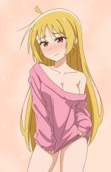 Rule 34 | 1girl, absurdres, ahoge, bare shoulders, blonde hair, blush, bocchi the rock!, breasts, cleavage, closed mouth, collarbone, cowboy shot, detached ahoge, embarrassed, highres, ijichi seika, long hair, long sleeves, looking at viewer, medium breasts, naked sweater, off shoulder, pink sweater, red eyes, sleeves past wrists, solo, sweater, thundradrawings, very long hair, wavy mouth