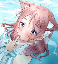 Rule 34 | 1girl, animal ears, aqua bow, aqua eyes, artist name, artist request, bare shoulders, blue bow, blue eyes, blush, bow, bowtie, bracelet, breasts, brown hair, capelet, cat ears, cleavage, cleavage cutout, clothing cutout, collarbone, detached sleeves, dress, drop earrings, earrings, elbow sleeves, female focus, finger to mouth, frilled capelet, frilled dress, frilled skirt, frills, grey hair, hair between eyes, hair bow, hair ornament, heart, heart (symbol), heart print, jewelry, koi ni naritai aquarium, light brown hair, long sleeves, looking at viewer, love live!, love live! sunshine!!, navel, parted lips, pearl bracelet, ribbon, short hair, shoulder cutout, sidelocks, skirt, smile, solo, striped bow, striped bowtie, striped clothes, tiara, underwater, upper body, watanabe you, white bow, white dress, white ribbon