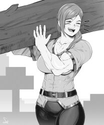 Rule 34 | 1girl, abs, absurdres, alex (minecraft), alternate muscle size, artist name, breasts, closed eyes, commentary, english commentary, greyscale, highres, holding, large breasts, log, minecraft, monochrome, muscular, muscular female, open mouth, parted lips, ponytail, short sleeves, simple background, smile, solo, speedl00ver, teeth, twitter username, watermark, white background