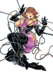 Rule 34 | 1girl, bdsm, black footwear, black thighhighs, blue eyes, bodysuit, bondage, boots, bound, breasts, brown hair, cable, choker, deep skin, earrings, elbow gloves, female focus, g gundam, gloves, gundam, hairband, high heels, highres, homare (fool&#039;s art), jewelry, large breasts, lips, mobile trace suit, nipples, open mouth, rain mikamura, shiny clothes, short hair, skin tight, solo, tentacles, thigh boots, thighhighs, torn clothes, wire