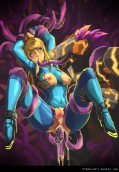 Rule 34 | aftersex, anal, blonde hair, bodysuit, grabbing another&#039;s breast, breasts, clitoris, crotch cutout, cum, cum in pussy, grabbing, highres, katoki, metroid, nintendo, nipples, oral, pubic hair, pussy, rape, samus aran, skin tight, spread legs, spread pussy, tentacles, torn clothes, uncensored, zero suit