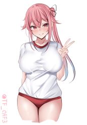 Rule 34 | 1girl, :d, absurdres, blue hair, blush, breasts, buruma, gradient hair, gym shirt, gym uniform, hair ornament, hair ribbon, harusame (kancolle), highres, kantai collection, large breasts, long hair, looking at viewer, multicolored hair, open mouth, pink hair, red buruma, red eyes, ribbon, shirt, short sleeves, side ponytail, smile, solo, tf cafe, twitter username, v, white background, white shirt