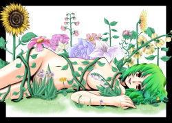 Rule 34 | 1girl, bad id, bad pixiv id, breasts, censored, convenient censoring, female focus, flower, grass, green hair, hip focus, kazami yuuka, lying, nude, on side, plant, r0g0b0, red eyes, short hair, smile, solo, sunflower, touhou, vines
