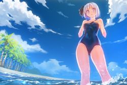 Rule 34 | 1girl, bad id, bad pixiv id, beach, blue eyes, blue sky, blue theme, cloud, day, from below, hairband, hands on own chest, konpaku youmu, looking at viewer, mx2j, one-piece swimsuit, outdoors, parted lips, school swimsuit, short hair, silver hair, sky, solo, swimsuit, touhou, tree, wading, water