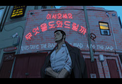 Rule 34 | 1boy, black jacket, brick wall, building, collared shirt, jacket, jacket on shoulders, long sleeves, looking at viewer, male focus, neon lights, open mouth, original, rinotuna, shirt, solo, upper body, white shirt, yellow eyes