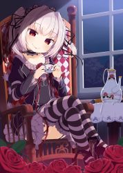 Rule 34 | 1girl, :p, chair, collarbone, crossed legs, cup, flower, gothic lolita, grey hair, hapymaher, highres, indoors, lolita fashion, muku (muku-coffee), multicolored clothes, multicolored legwear, naitou maia, night, red eyes, rose, sitting, slit pupils, solo, striped clothes, striped thighhighs, tail, teacup, teapot, thighhighs, tongue, tongue out, window