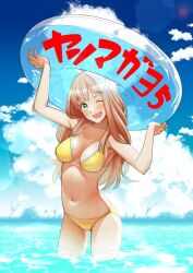Rule 34 | 1girl, :d, arms up, bikini, blue sky, blush, breasts, brown hair, chigarashi mahina, cloud, cumulonimbus cloud, day, ghost, green eyes, hands up, highres, holding, innertube, large breasts, long hair, looking at viewer, nagashii kouhei, navel, ocean, official art, one eye closed, open mouth, outdoors, scary campus college university, sky, smile, solo, standing, swim ring, swimsuit, wading, yellow bikini