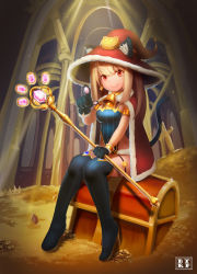 Rule 34 | 1girl, animal ears, bell, brown eyes, brown hair, btraphen, cape, cat ears, crystal, ears through headwear, gloves, hat, leotard, long hair, original, pointing, sitting, smile, solo, staff, sword, tail, thighhighs, treasure, treasure chest, weapon, witch hat