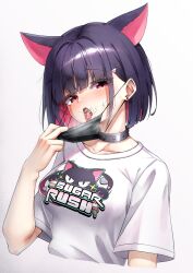 Rule 34 | 1girl, absurdres, animal ears, black hair, blue archive, blush, cat ears, colored inner hair, cropped torso, cum, cum in mouth, cum on tongue, earrings, hair ornament, hairclip, hapy (parkhyunjae9494), highres, jewelry, kazusa (band) (blue archive), kazusa (blue archive), looking at viewer, mask, mask pull, mouth mask, multicolored hair, open mouth, pink hair, pulled by self, red eyes, shirt, short hair, short sleeves, simple background, solo, stray pubic hair, stud earrings, surgical mask, t-shirt, tongue, tongue out, upper body, white background, white shirt