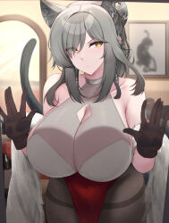 Rule 34 | 1girl, absurdres, against glass, animal ears, arknights, bare shoulders, breast press, breasts, cleavage, cleavage cutout, closed mouth, clothing cutout, curvy, grey hair, highres, huge breasts, kanta (kanta 077), looking at viewer, schwarz (arknights), solo, tail, thick thighs, thighs, wide hips, wolf ears, yellow eyes