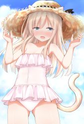 Rule 34 | 10s, 1girl, animal ears, bare shoulders, blonde hair, blue eyes, blush, cat ears, cat tail, cloud, commentary request, covered navel, day, ears through headwear, frilled swimsuit, frills, go-1, hat, highres, kantai collection, kemonomimi mode, long hair, looking at viewer, one-piece swimsuit, open mouth, smile, solo, straw hat, swimsuit, tail, u-511 (kancolle), white one-piece swimsuit