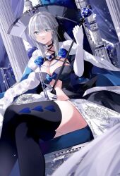 Rule 34 | 1girl, absurdres, black thighhighs, blue eyes, braid, breasts, cleavage, crown, fate/grand order, fate (series), gloves, grey hair, highres, large breasts, long hair, looking at viewer, misaki346, morgan le fay (fate), sitting, solo, thighhighs, thighs