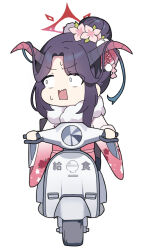 Rule 34 | 1girl, black hair, blue archive, chibi, floral print, flower, fur collar, fuuka (blue archive), fuuka (new year) (blue archive), gradient kimono, hair bun, hair flower, hair ornament, halo, horns, japanese clothes, kimono, long hair, long sleeves, motor vehicle, nyaru (nyaru 4126), open mouth, parted bangs, pink flower, print kimono, red kimono, scooter, simple background, solo, sweat, wavy mouth, white background, white kimono, wide sleeves