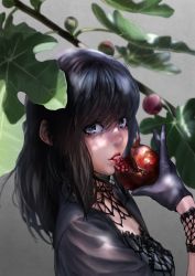 Rule 34 | 1girl, bad id, bad pixiv id, black gloves, black hair, blue eyes, food, fruit, fusante, gloves, highres, long hair, looking at viewer, original, pomegranate, solo, tongue, tongue out