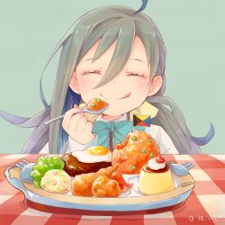 Rule 34 | 10s, 1girl, :q, ahoge, asymmetrical hair, bow, bowtie, cherry, colis, commentary request, croquette, egg (food), closed eyes, flag, food, food art, fried egg, fruit, gingham, green background, grey hair, hair between eyes, happy, holding, holding spoon, kantai collection, kiyoshimo (kancolle), licking lips, long hair, long sleeves, mini flag, okosama lunch, peas, plate, pudding, rice, shrimp, shrimp tempura, smile, solo, spoon, table, tablecloth, tako-san wiener, tempura, tongue, tongue out, twitter username, whipped cream, z flag