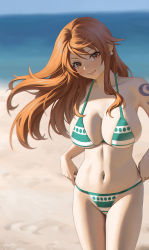 Rule 34 | 1girl, adjusting clothes, arm tattoo, beach, bikini, breasts, brown eyes, cleavage, closed mouth, cowboy shot, day, floating hair, halterneck, hayate (leaf98k), highres, large breasts, legs together, long hair, looking at viewer, nami (one piece), navel, one piece, orange hair, outdoors, photo-referenced, sand, smile, solo, stomach, striped bikini, striped clothes, swimsuit, tattoo, thighs, two-tone bikini