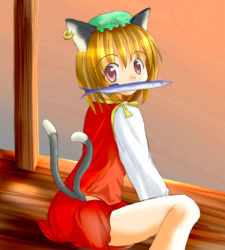 Rule 34 | 1girl, animal ears, ass, brown hair, cat ears, cat girl, cat tail, chen, des (namaasi), earrings, female focus, fish, hat, jewelry, mouth hold, multiple tails, outdoors, short hair, solo, tail, touhou