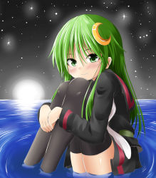 Rule 34 | 10s, 1girl, black thighhighs, blush, green eyes, green hair, hair ornament, ichimi, kantai collection, looking at viewer, moon (ornament), nagatsuki (kancolle), sitting, skirt, sky, smile, solo, star (sky), starry sky, thighhighs, water