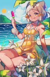 Rule 34 | 1girl, :3, animal ears, bare arms, beach, breasts, cat ears, chest jewel, cleavage, cloud, crossed legs, day, dress, facial mark, flower, food, hibiscus, highres, licking lips, looking at viewer, nia (fancy sundress) (xenoblade), nia (xenoblade), nintendo, ocean, one-piece swimsuit, outdoors, popsicle, short hair, silver hair, small breasts, solo, spoilers, sun, sundress, swimsuit, tongue, tongue out, white flower, xenoblade chronicles (series), xenoblade chronicles 2, yagi (kyuhyun), yellow dress, yellow eyes, yellow one-piece swimsuit