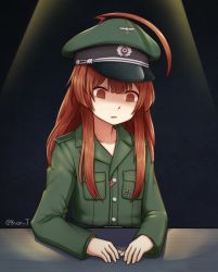 Rule 34 | 1girl, ahoge, brown eyes, brown hair, collarbone, cross, green hat, hat, highres, iron cross, jacy, kantai collection, kuma (kancolle), long hair, long sleeves, looking at viewer, parted lips, solo, twitter username, upper body