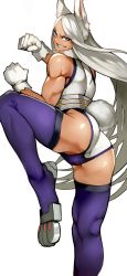 Rule 34 | 1girl, absurdres, animal ears, arm up, ass, bare arms, bare shoulders, biceps, boku no hero academia, clenched hands, commentary request, dark-skinned female, dark skin, fighting stance, from side, fur collar, gloves, grin, groin, hand up, head tilt, heattech leotard, highleg, highleg leotard, highres, leg up, leotard, long hair, looking at viewer, looking to the side, mirko, muscular, muscular female, parted bangs, purple eyes, purple thighhighs, rabbit ears, rabbit girl, rabbit tail, shiny skin, simple background, smile, solo, spread legs, standing, standing on one leg, tail, thighhighs, turtleneck, v-shaped eyebrows, very long hair, white background, white gloves, white hair, yoshio (55level)