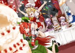 Rule 34 | 6+girls, :&gt;, :/, :d, :o, ^ ^, against glass, apron, arms up, bat wings, blonde hair, blurry, blush stickers, bobby socks, book, bow, bowtie, braid, brooch, cake, carrying, chair, cherry, china dress, chinese clothes, closed eyes, cookie, crescent, cup, cupcake, curtains, demon tail, depth of field, dress, dutch angle, elbow gloves, emerane, falling, fangs, female focus, flandre scarlet, floating, food, frills, fruit, full moon, gloves, hair bow, hand on own cheek, hand on own face, happy, hat, hat bow, unworn hat, hat ribbon, head rest, head wings, unworn headwear, high heels, highres, hong meiling, icing, indoors, izayoi sakuya, jewelry, kirisame marisa, kneehighs, koakuma, long hair, maid, maid apron, maid headdress, mary janes, mini person, minigirl, moon, multiple girls, night, night sky, one eye closed, open book, open mouth, patchouli knowledge, plate, pocket watch, pointing, purple eyes, purple hair, reading, red eyes, red hair, red moon, remilia scarlet, revision, ribbon, saucer, shoes, short hair, shoulder carry, side slit, sitting, skirt, skirt set, sky, smile, socks, star (sky), star (symbol), starry sky, strawberry, sweets, table, tablecloth, tail, teacup, teapot, tiered serving stand, tiered tray, touhou, tray, twin braids, very long hair, vest, waist apron, watch, white gloves, white legwear, window, wings, wink, witch hat, wrist cuffs