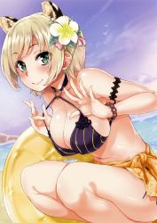 Rule 34 | 1girl, absurdres, animal ears, arima jin, armlet, bare legs, bare shoulders, beach, bikini, bird, blonde hair, blush, bracelet, breasts, cleavage, closed mouth, cloud, collarbone, cropped, day, fingernails, flower, green eyes, groin, hair flower, hair ornament, hands up, highres, innertube, jewelry, large breasts, legs, looking at viewer, navel, non-web source, o-ring, o-ring bikini, o-ring top, original, outdoors, pink lips, pulled by self, red bikini, sarong, scan, side-tie bikini bottom, smile, solo, squatting, strap pull, striped bikini, striped clothes, swim ring, swimsuit, tiger ears, toranoana, vertical-striped bikini, vertical-striped clothes, water