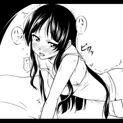 Rule 34 | 1girl, akiyama mio, all fours, blush, bottomless, camisole, greyscale, ikari manatsu, implied sex, k-on!, long hair, monochrome, open mouth, out-of-frame censoring, saliva, sexually suggestive, solo, strap slip, sweat, trembling, underwear, underwear only