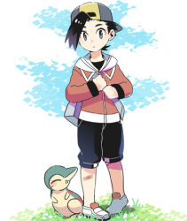 Rule 34 | 1boy, backwards hat, bad id, bad pixiv id, bag, bandaid, bandaid on knee, bandaid on leg, baseball cap, black hair, black shirt, black shorts, closed mouth, commentary request, creatures (company), cyndaquil, ethan (pokemon), game freak, gen 2 pokemon, grass, grey bag, grey eyes, hat, holding strap, jacket, long sleeves, looking at viewer, lowres, male focus, nintendo, pokemon, pokemon (creature), pokemon hgss, shirt, shoes, short hair, shorts, standing, white footwear, xichii