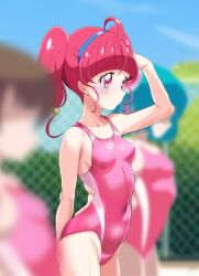 Rule 34 | 3girls, absurdres, ahoge, backless swimsuit, blue hairband, blue sky, blurry, blurry background, blurry foreground, blush, breasts, chain-link fence, closed mouth, commentary, competition swimsuit, covered navel, day, depth of field, fence, hair bobbles, hair ornament, hairband, hand on own head, highres, hoshina hikaru, light frown, looking to the side, medium hair, miyabikawa sakura, multiple girls, one-piece swimsuit, outdoors, pink eyes, pink hair, pink one-piece swimsuit, precure, school swimsuit, sky, small breasts, standing, star twinkle precure, swimsuit, twintails, wet