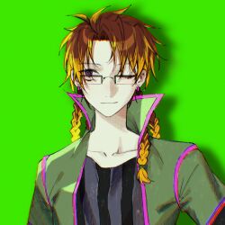 Rule 34 | 1boy, ;), black shirt, blonde hair, brown hair, chinese commentary, closed mouth, colored tips, commentary request, earclip, glasses, green background, green jacket, highres, jacket, kyoko (akakikyoko), male focus, multicolored hair, one eye closed, open clothes, open jacket, orie rin, pink trim, portrait, purple eyes, quad braids, rectangular eyewear, saibou shinkyoku, shirt, simple background, smile, solo, striped clothes, striped shirt, vertical-striped clothes, vertical-striped shirt